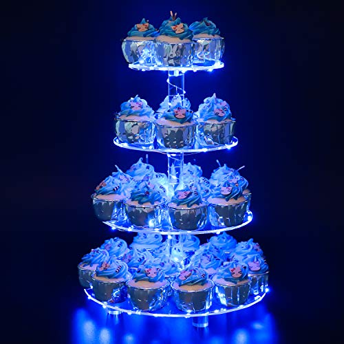 YestBuy 4 Tier Round Cupcake Stand – Premium Cupcake Holder – Acrylic Cupcake Tower Display- Cady Bar Party Décor + LED Light String – Ideal for Weddings, Birthday Parties & Events (Blue) - color: Blue, size: 4 Tier Round