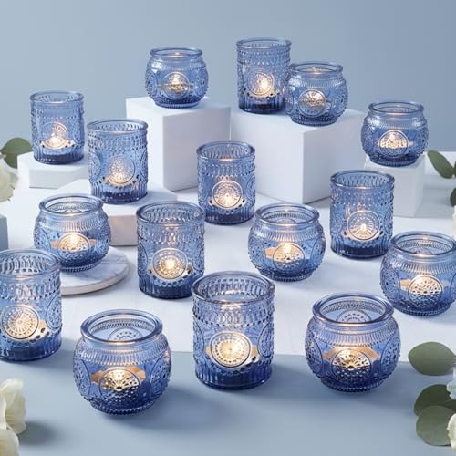 36 Pcs Blue Votive Candle Holders Bulk- Assorted Floral Tea Light Candle Holders for Wedding Table Decor, Blue Centerpieces for Wedding, Bridal Shower, Baby Shower Decorations - color: Blue