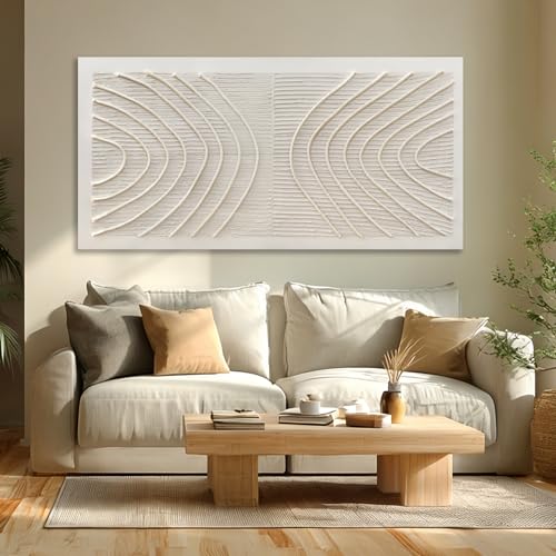 Hue7Art Minimalist Grey Textured Canvas Wall Art with Abstract Soft line Relief, Modern Neutral Artwork for Living Room Bedroom Office Home Decor 24x48 Inch - color: White, size: 48"L x 24"W