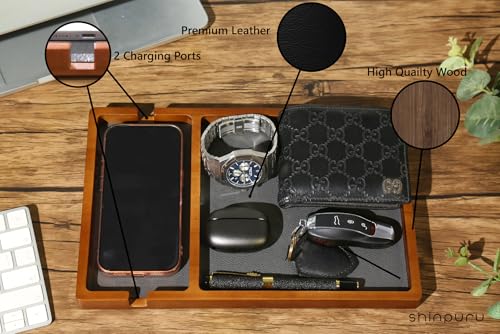 Shinpuru Wooden Valet Tray for Men, Nightstand Organizer with Leather Inlay, EDC Essentials Catchall Tray for Keys, Phone, Wallet, Watch, Earbuds - Bedside Desk Entryway Tray (Wood-Phone) - color: Brown-Ph