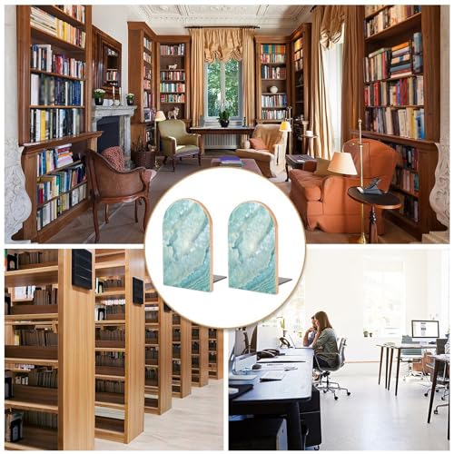 Wooden Bookends 2 Pcs,Pastel and Teal Agate Heavy Duty Office Book Ends Anti Slip Book Shelf Holder with Metal Base Decorative Book Stands - color: Pastel and Teal Agate
