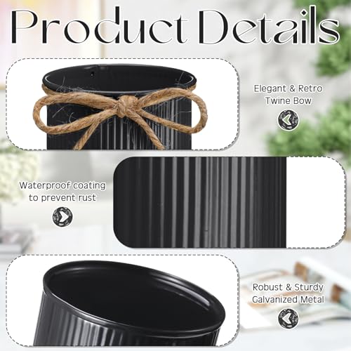 Rustic Vase for Table Centerpieces 4.33 Inch Small Petite Flower Vase with Twine Bow Vintage Farmhouse Decor for Wedding Reception Dining, Home Galvanized Metal Buckets(Black,12 Pcs) - color: Black