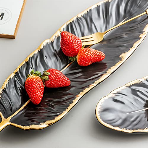 Creative Luxury Feather Storage Tray Ceramic Fruit Cake Dessert Tableware Dish Organizer Jewelry Decorative Serving Tray Set (14''/37cm, Black) - color: Black, size: 14''/37cm