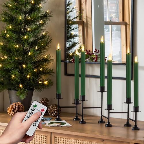 GenSwin FlamelessTaper Candles Flickering with 10-Key Remote, Battery Operated Led Warm 3D Wick Light Window Candles Real Wax Pack of 3, Christmas Home Wedding Decor(Green, 0.78 X 9.64 Inch) - color: 3-Green