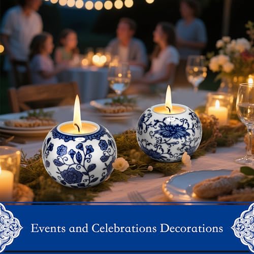 One Pair Classic Celadon Tealight Holder Set, Chinoiserie Blue and White Porcelain from Jingdezhen, Candle Holder for Housewarming Gifts and Home Decoration (W 3.54 in x H 2.76 in)
