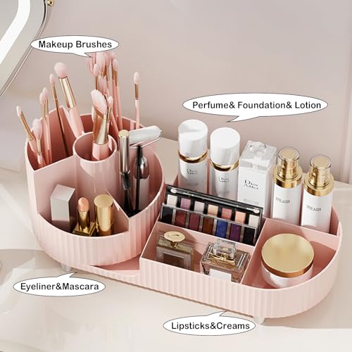 Pink Rotating Vanity Organizer with Brush Holder - Large Spinning Cosmetic Storage, Countertop Makeup & Skincare Organizer, Perfume & Lotions Display Case - color: Pink