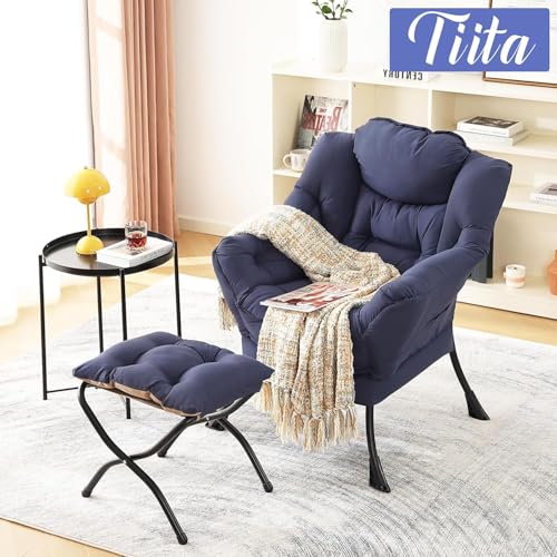 Tiita Lazy Chair with Ottoman, Navy Modern Large Accent Chair, Comfy Leisure Sofa Armchair with Ottoman, Reading Chair with Footrest for Bedroom, Living Room, Dorm Rooms, Navy - color: Peach Skin Navy