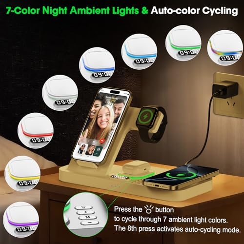Dual Phone Wireless Charging Station for Apple Devices, Magnetic Charging Station for iPhone with Auto Switch 7-Color Light&Clock, Family Watch Charger for iPhone17 for iWatch11 for AirPods Pro3(White - color: White