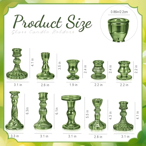 Mumufy 10 Pcs Glass Crystal Taper Candle Holders Clear Glass Candlestick Holder Fit 0.8 Inch Candles Crystal Decorative Candle Stand Centerpiece Table Wedding Dining Party (Classic,Green) - color: Green