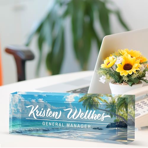 Custom Name Plate Personalized, Acrylic Desk Plate, Office Decor for Women and Men, Employee Appreciation Gifts for Boss, Manager, Teacher, Nurse - color: Beach Coconut Trees
