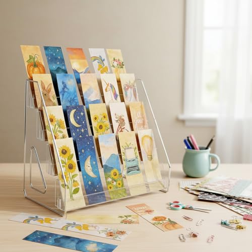 Acrylic Bookmark Display Stand, Portable Sticker Holder for Vendor Events Retail, 4 Tier Clear Display Shelf Rack for Greeting Card, Postcards, Brochures