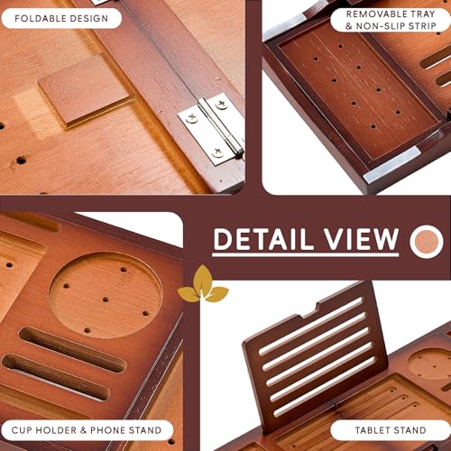 Premium Foldable Bamboo Bathtub Tray Caddy, Expandable Bath Caddy Tray with Holder, Brown Bath Shelf Over Tub, Spa Bathroom Accessories & Gifts for Home - color: Brown