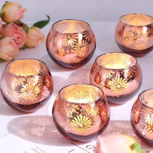 Pink Mercury Glass Votive Candle Holders Set of 12, Round Tealight Candle Holders for Table Centerpieces, Weddings, Shower Gifts, Valentine's Day, Mother's Day, Party Decorations - color: Pink