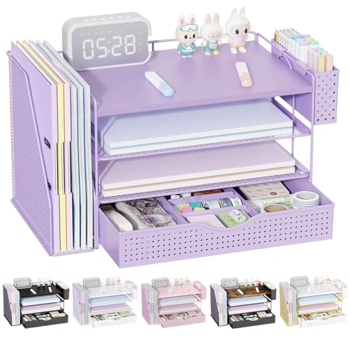 gianotter Wood Desk Organizers and Accessories with File Holder, 4-Tier Desk Accessories & Workspace Organizers with Drawer and Pen Holder, Paper Organizer for Office Supplies (Purple) - color: Purple