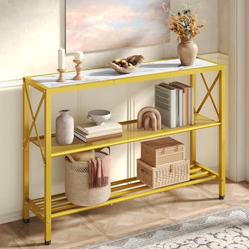 Hoctieon Gold Console Table, 3 Tier Entryway Table, Hallway Table, Narrow Sofa Table with Shelves, Entrance Table for Entryway, Gold and White - color: Gold and White