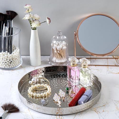 MyGift 11 Inch Silver Round Tray - Hammered Metal Serving Tray & Decorative Silver Platter for Vanity Display - Handcrafted in India - color: Silver (11 Inch)