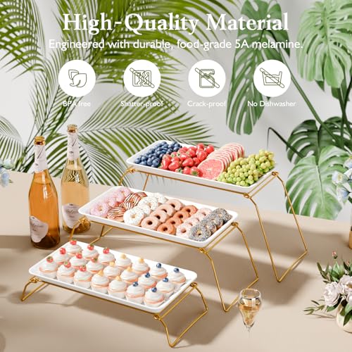 Extra Large 3-Tier Melamine Serving Tray Set and Cupcake Stand for Party Events, 17" Platters with Tiered Stand, Holds 63 Cupcakes, Food, Dessert, and Fruit, 24K Gold-Plated - color: Gold, size: 17" x 8.7"