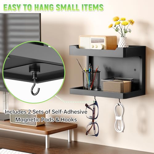 NiHome Large Wall Mounted Wooden Bedside Organizer, Double Storage Shelves & Magnetic Hooks, Solid Wood Bedside Shelf for Phone Glasses Remote Keys, Space-Saving Wall Rack for Bedroom RV Dorm (Black) - color: Black, size: Large