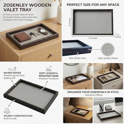 Zosenley Wooden Valet Tray with Leather Base - Nightstand Catchall Organizer for Cologne, Perfume, Keys, Wallet, Phone, Watch, Jewelry & Sunglasses (Llight Gray) - color: Llight Gray