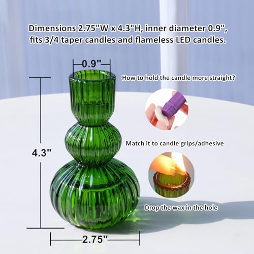 Woho Green Taper Candle Holders Set of 3 for Christmas Decorations, 4.3" H Ribbed Glass Candlestick Holders for Spring Wedding Table, Vintage Candle Sticks Holder Decor Home Decor - color: Green