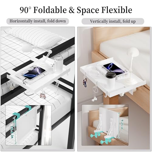 Foldable Bedside Shelf, Metal Clip-On Bed Tray Table for Bunk Bed & Dorm Beds, Dorm Room Essentials Organizer for College Students, Floating Tray, Space Saving Nightstand for Loft Beds (White, Small) - color: White, size: Small