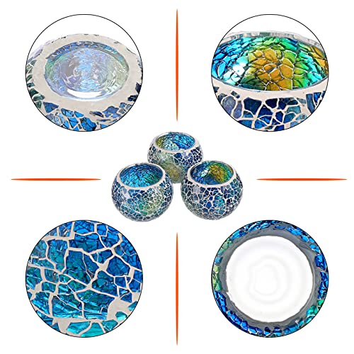 OwnMy Set of 3 Blue Mosaic Glass Tea Light Holders Round Bowl Votive Candle Holders Pillar Candle Stands, Glass Mosaic Tealight Holders Potted Plant Bowl Vase Candle Centerpiece for Table Wedding - color: Blue