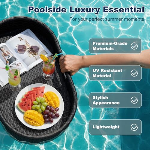 Devoko Floating Pool Tray Large PE Rattan Pool Serving Bar, Luxury Pool Floating Table with Handles for Pool Party, Hot Tub & Beach (Black) - color: Black, size: Medium