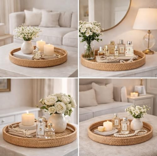 Round Rattan Serving Tray Set (2 Nesting Sizes) with Handles, 4 Coasters Included, Handwoven Boho Wicker Organizer for Coffee Table or Ottoman, 14.2 x 2.3 in and 11.9 x 1.7 in