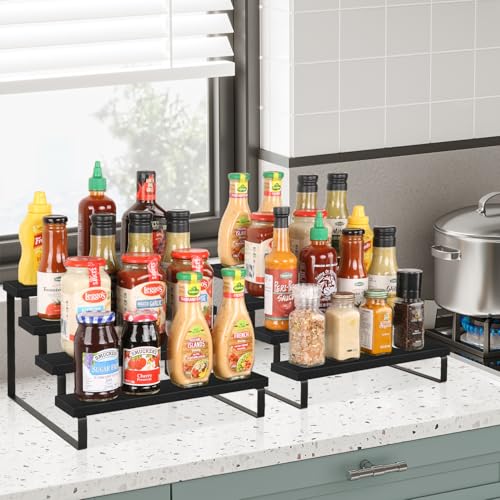 YINMIT Wooden Display Riser Stand, Tiered Perfume and Cologne Organizer Stand, 4 Tier Spice Rack Organizer, Rustic Display Shelf for Candles (4 Tier,2Pack,Black) - color: 4 Tier,2Pack,Black
