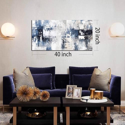 Prepeyssee White and Blue Abstract Canvas Wall Art for Living Room Bedroom Home Office Large Modern Grey Abstract Canvas Prints Picture Ready to Hang Size 20x40 - color: white, size: 20L" x 40W"