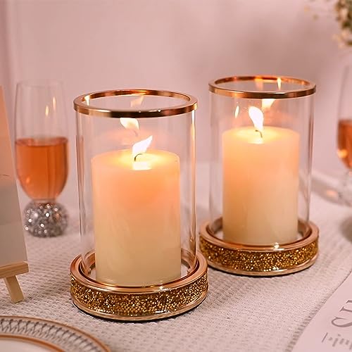 Pillar Candle Holders Set of 2,Hurricane Candle Holders,Candlesticks Holder With Glass Hurricane Lid,Metal Candle Holder For Coffee Dining Table, Wedding, Christmas, Home Decoration,Gold Candle Holder - color: Gold Rhinestone