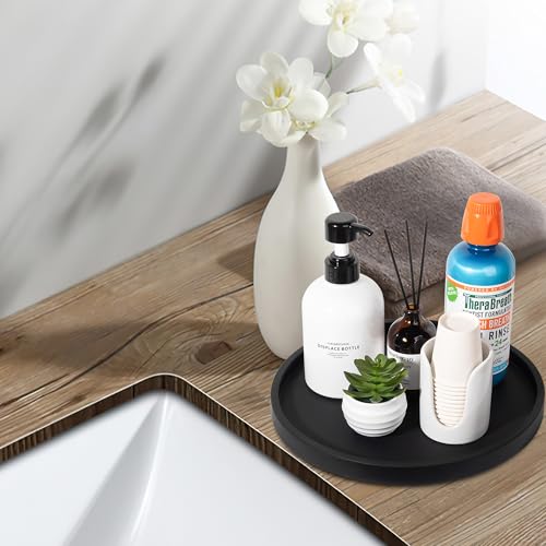 Silicone Bathroom Tray Round Vanity Tray Decorative Soap Holder Kitchen Countertop Organizer Coffee Table Decor for Candle, Perfume, Plant, 11 Inch, Black - color: Black, size: 11"