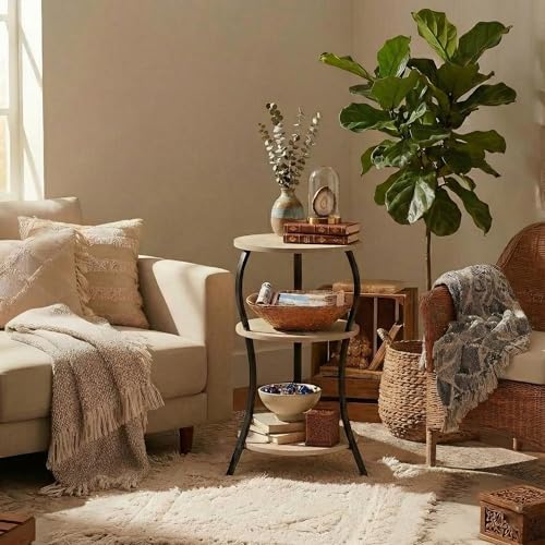 Vintage Small Round Side Table, 3-Tier Slim Waist Circular End Table with Storage Shelf, Compact Tea Sofa Side Table, Round Corner Coffee Table Nightstand for Living Room Bedroom Small Spaces,Oak - color: Oak, style: Classic
