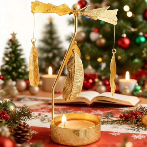 Self Rotating Candlestick Holder, Metal Tea Light Holders Automatic Rotating, Romantic Aroma Tea Candle Round Holder, Unicorn, Snowflower, Kids, Leather Candle Holder Home Decor (Feather) - color: Feather