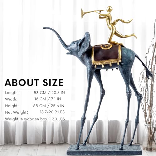 Blue Bronze Elephant Sculpture - 25.6” Tall Surrealist Artwork by Dali, Abstract Handmade Hot-Cast Bronze Statue - Art Collectibles Decorative and Gifts - color: Blue
