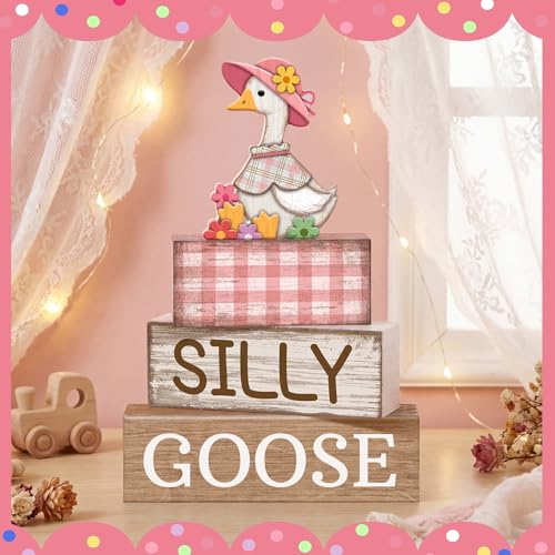 Yuntau 4 Pcs One Silly Goose Birthday Party Decoration Wood Silly Goose Table Sign Pink Baby Shower Tiered Tray Decor Tabletop Centerpieces for First Birthday Baby Shower Home Shelf Office - style: Goose