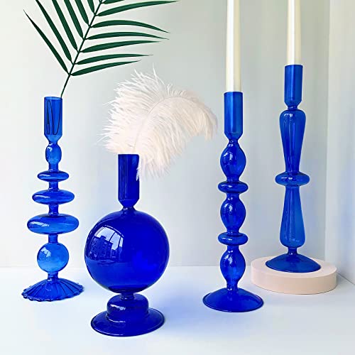 Candle Stick Candle Holder, Glass Candle Holders for Table Centerpiece, Modern Style Klein Blue Candle Holder Mixed 4pcs - color: Klein Blue