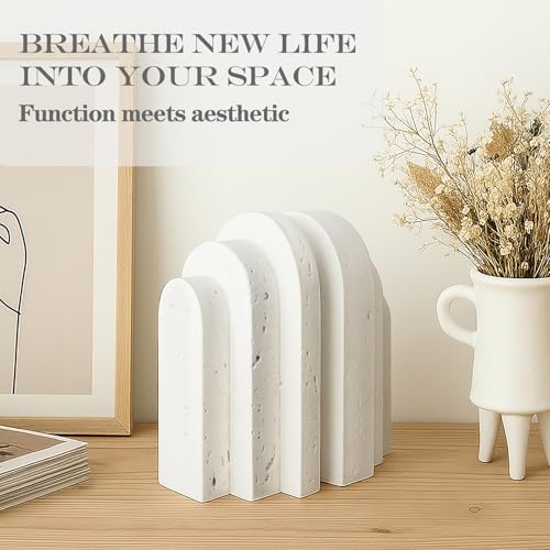 Decorative Book Ends for Shelves - Boho Aesthetic Bookends Decor - Heavy Duty Travertine Book Stopper Holder for Home Office Desk Coffee Table, Gifts for Book Lovers (White) - color: White