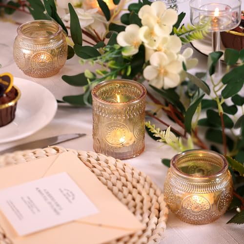 DARJEN 24Pcs Gold Votive Candle Holders - Glass Candle Holder Bulk for Table Centerpiece, Tea Lights Candle Holders for Home, Christmas Party & Wedding Shower - color: Gold