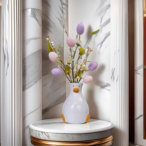 Handmade Ceramic Duck Vase - Modern Tabletop Fun Vase - Suitable for Dried Flowers, Tulips, Roses, Lilies & Pampas Grass - Cute Animal Centerpiece for Home, Wedding, or Gift - color: White