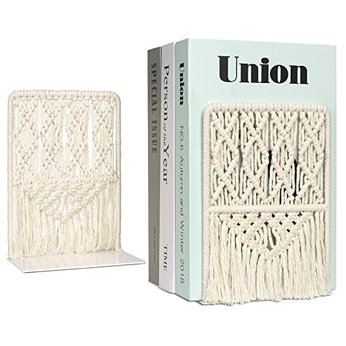 AELS Boho Macrame Bookends with Tassels, Heavy Duty Metal Book Ends, Decorative Unique Bookend Supports for Shelves, Stopper for Books/Movies/CD, Farmhouse Decoration,Thanksgiving - color: Beige(diamond)