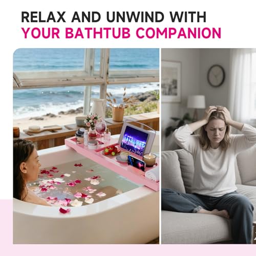 Foldable Bathtub Caddy Tray, Bamboo Bath Tub Tray Table for Tub with Wine Glass Holder Book Phone Tablet Holder with Extending Sides, Adjustable Bathroom Bathtub Free Soap Holder Gift Idea (Pink) - color: Pink
