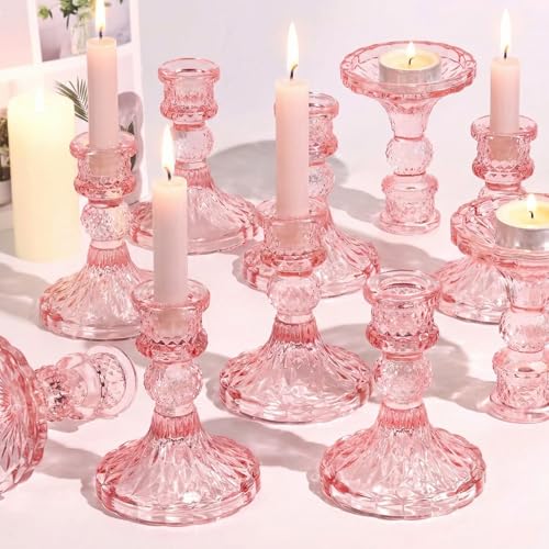 Glass Candle Holder Set of 12, Pink Taper Candle Holders Bulk, Vintage Candlestick Holders, Candle Stick Holder for Table Centerpieces, Wedding & Mother's Day - color: Pink