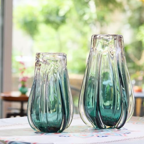 Luxury Lane Hand Blown Laine Sommerso Art Glass Vase for Home Decor 12.5 inch Tall Centerpiece Table Decoration - color: Forest Green Ombre, size: 12.5" tall