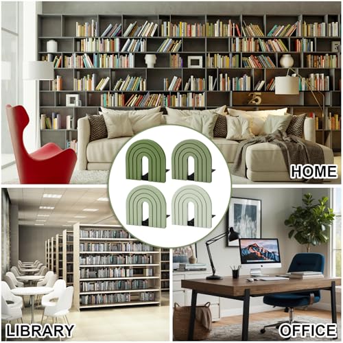 FYSUIMU 4Pcs Boho Sage Green Arch Wood Bookends Non Skid Book Stoppers Rainbow Shape Wooden Book Stands for Heavy Books Home Office Library Kitchen