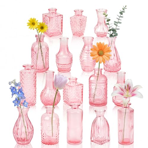 Glass Bud Vases in Bulk Set of 17, Pink Small Mini Vases for Flowers, Vintage Vase for Centepiece,Wedding, Table Decor, Baby Shower, Christmas, Home and Events - color: Pink
