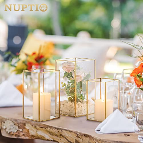Nuptio Glass Hurricane Candle Holder Set of 18 Gold Pillar Candle Holders Large Rectangular Candleholder Table Centerpieces Decoration for Wedding Party Holiday Home Ornaments 9.5 & 8.1 & 6.5 inch - color: Gold, size: 9.5 & 8.1 & 6.5 inch H - 18 Pcs