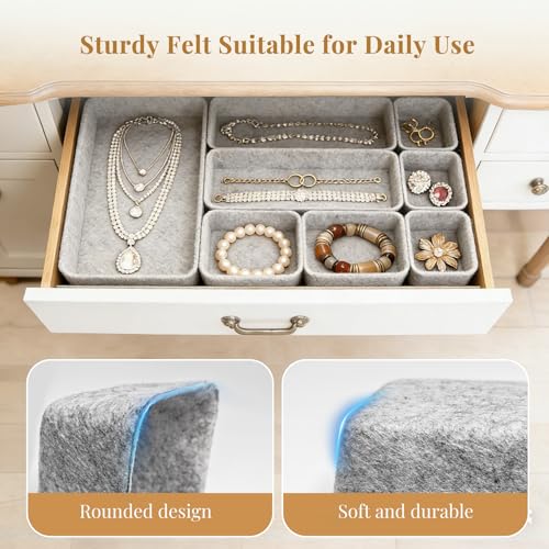 8pcs Felt Desk Drawer Organizer Tray, 4 Sizes Drawer Organizers Set for Office Supplies, Jewelry, Makeup, Cosmetics, Desk & Drawer Storage (Light Gray) - color: Light gray