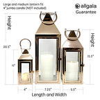 Allgala 3-PC Lantern Set 24 Inch Jumbo Deluxe Modern Indoor/Outdoor Candle Lantern Set Rose Gold Stainless Steel Frame Tempered Glass Pyramid Top for Garden Poolside Fireplace Wedding - color: Pyramid Top Rose Gold