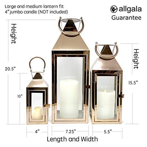 Allgala 3-PC Lantern Set 24 Inch Jumbo Deluxe Modern Indoor/Outdoor Candle Lantern Set Rose Gold Stainless Steel Frame Tempered Glass Pyramid Top for Garden Poolside Fireplace Wedding - color: Pyramid Top Rose Gold